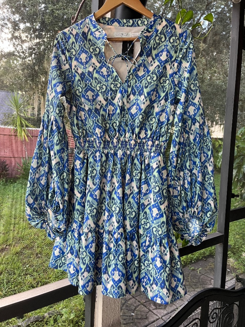 Georgie Smocked Puff Sleeve Mini Dress blue and green ikat geometric pattern M